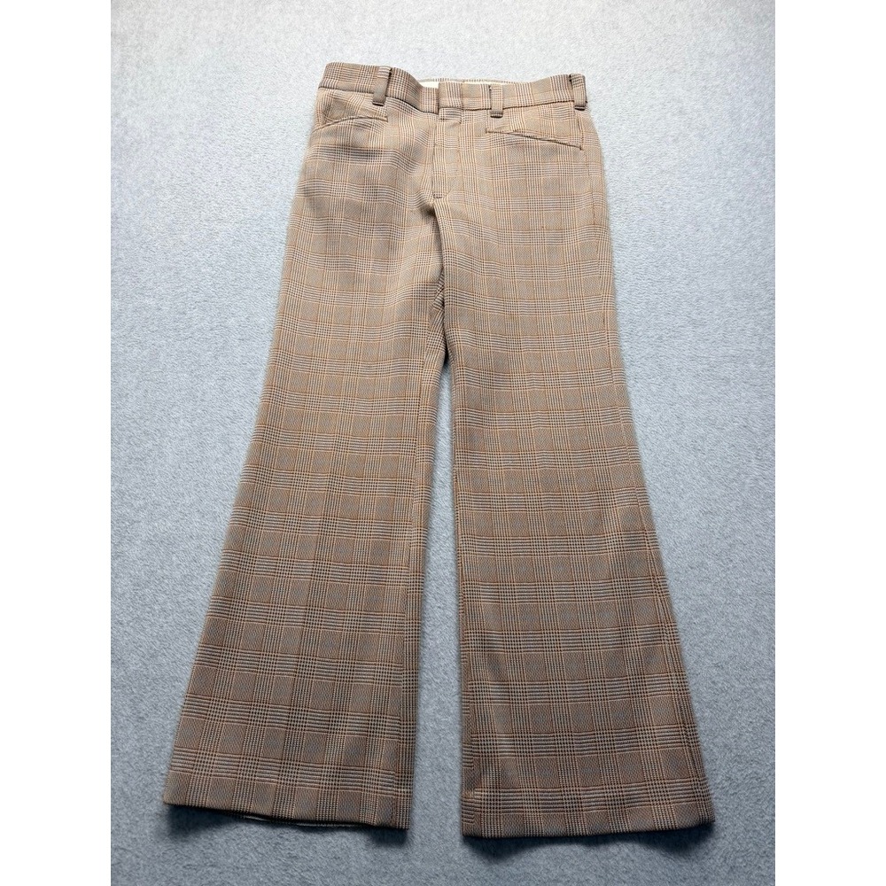 Vintage 70s Plaid Wide Leg Trousers Brown Tan Glen Check High Rise Pants Womens
